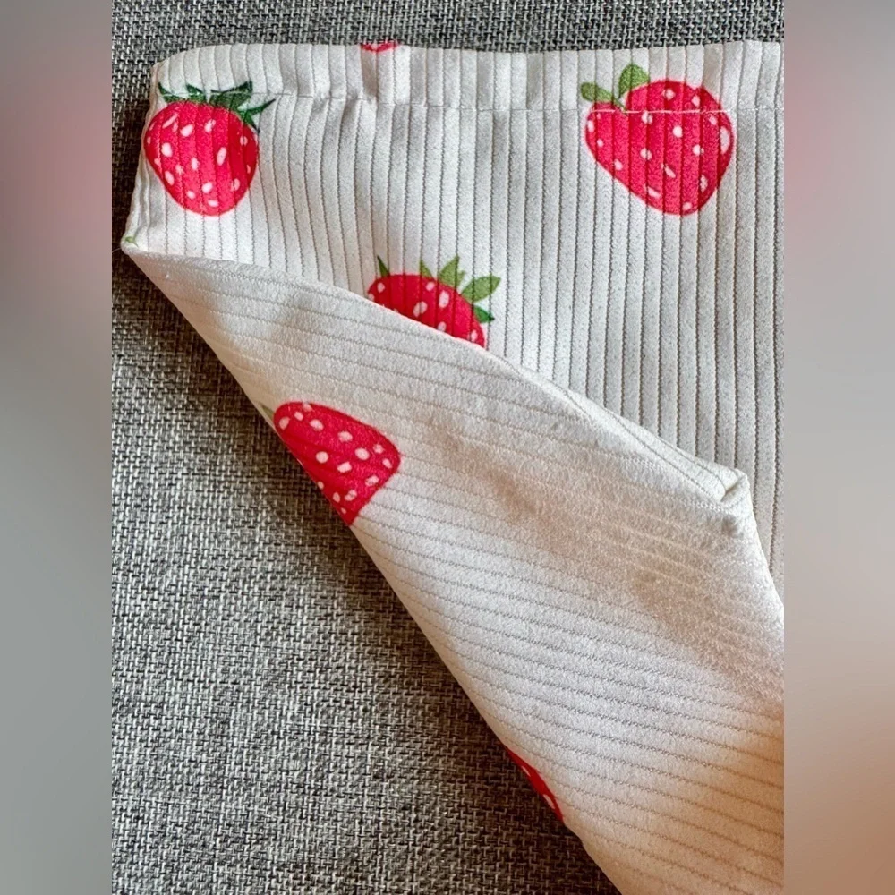 New Red Strawberry Lined Corduroy Makeup Cosmetic Tech Pencil Bag w/ Charm - 10”